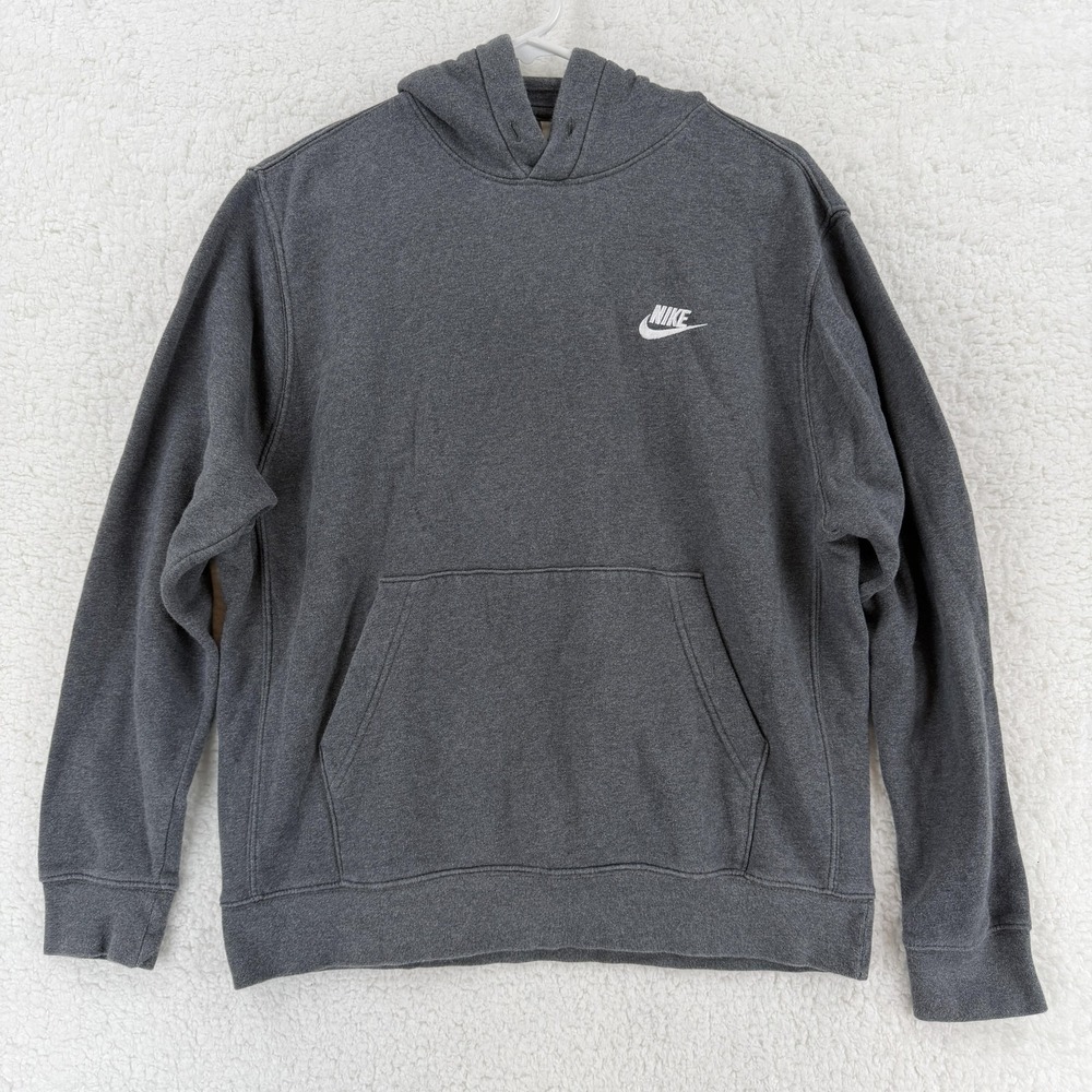 Nike Hoodie Mens Medium Gray Fleece‎ Pullover Sweatshirt Small Swoosh Logo